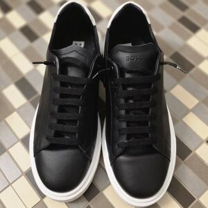 Boss Men's Black Leather Sneakers with White Soles